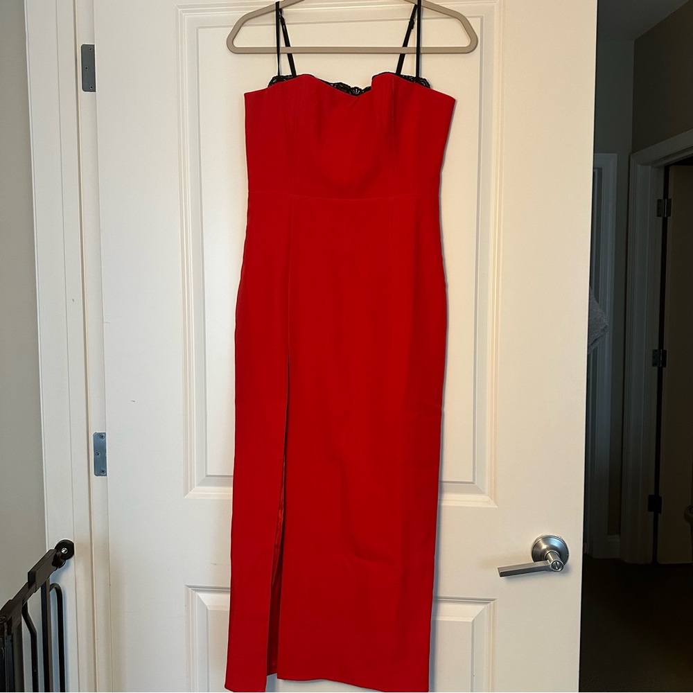 Red Strappy Dress with Lace and Side Slit